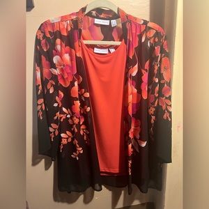 Susan Graver black, pink and orange floral sheer cardigan with matching tank top